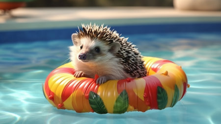 hedgehog summer inside inflatable swimming pool ring with sunglasses. generative aiの素材