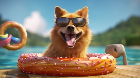 Dog summer inside a donuts inflatable swimming pool ring with sunglasses. generative aiの素材