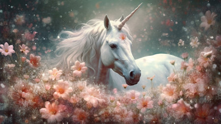 Mythical white Unicorn. White Unicorn in dreams flowers. generative aiの素材