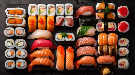 japanese sushi food. Top view of assorted sushiの素材
