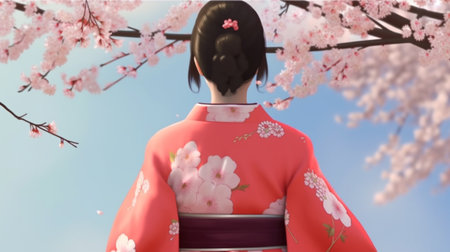 back view Asian woman wearing kimono with cherry blossoms. sakura in Japanの素材