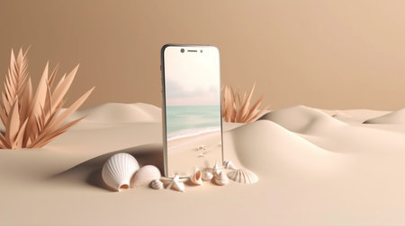 Summer sale ad banner template. Banner with smartphone on beachの素材