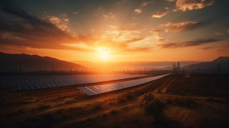 Beautiful sunset over Solar Farmの素材