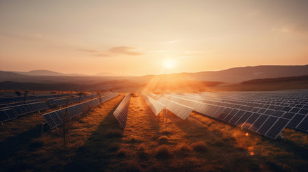 Beautiful sunset over Solar Farmの素材