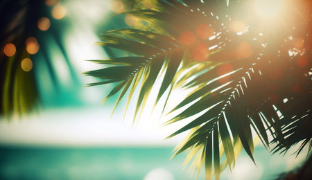 Panorama of blurred blue sky and leaves of coconut palm tree on white beachの素材
