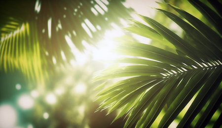 Copy space of blur green palm leaf tree with bokeh sun ligth abstract texture backgroundの素材
