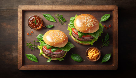 Fresh tasty beef burger and french fries served on wooden tray on the table in fast food shop with red wall backgroundの素材
