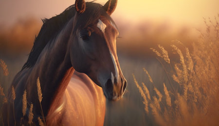 brown horse standing in high grass in sunset lightの素材