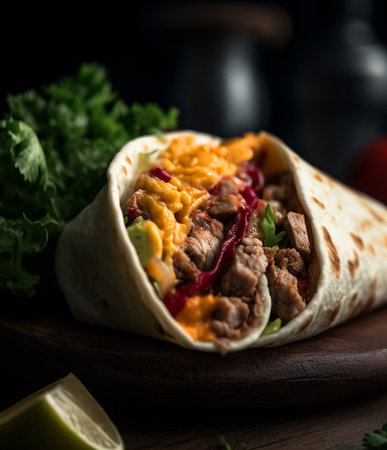 Burritos wraps with beef and vegetables on black background. Beef burrito, mexican foodの素材