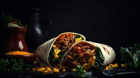 Mexican beef burrito. Burritos wraps with beef and vegetables on black backgroundの素材