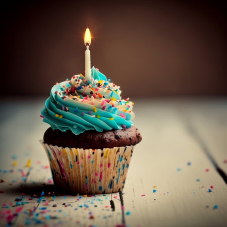 chocolate birthday cupcake with candleの素材