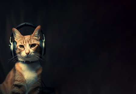 cat listening a music. little kitten listens to music in earphones and singの素材