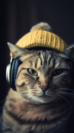 Cat headphones wearing yellow hat relaxingの素材
