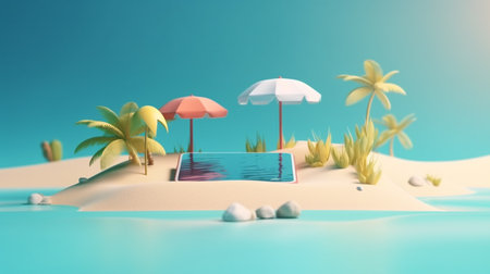 3d render of tropical island with palm trees and beach umbrella.の素材
