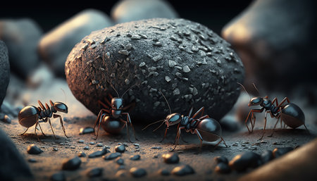 Cartoon ants colony working together. team of ants rolls stone uphill. teamwork conceptの素材
