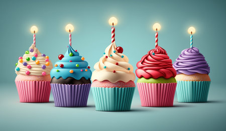 3D Colorful Birthday cupcakes on blurred Blue Background. Illustration of Colorful Birthday cupcakesの素材