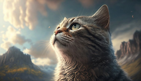 cat look at the sky on the fantasy worldの素材