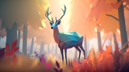 Stunning image of red deer stag in foggy Autumn colorful forest landscape imageの素材