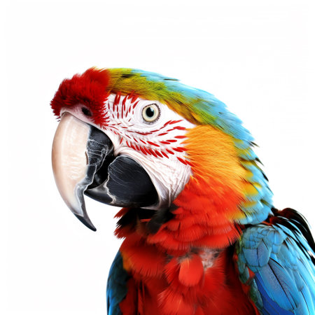 close up face of macaw parrot isolated on white backgroundの素材