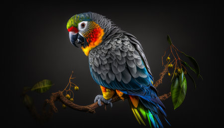 a macaw Parrot on black background. Image of red-blue macaw parrot on the wooden branchの素材