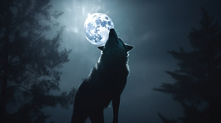 Silhouette of howling wolf against dark toned foggy background and full moonの素材