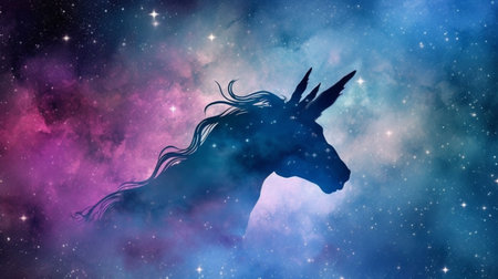 silhouette of a fantasy unicorn against a space night sky. generative aiの素材
