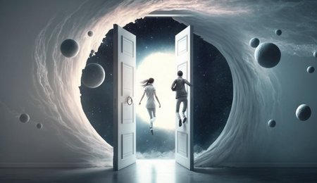 a young couple jumping to the fantasy white space from the behind the doorの素材
