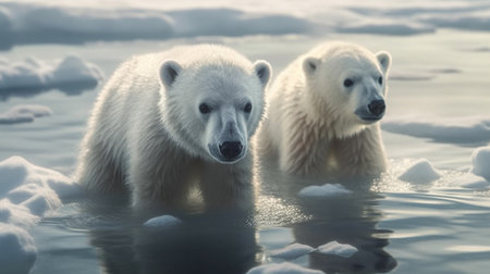 Big polar bear on drifting ice edge with snow and water in Arcticの素材