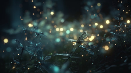 Abstract and magical image of glitter Firefly flying in the night forest. Fairy tale conceptの素材