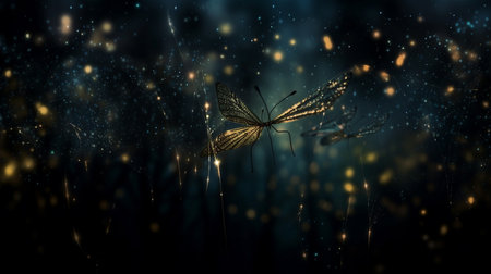 Firefly flying in the forest. Fireflies in the bush at nightの素材