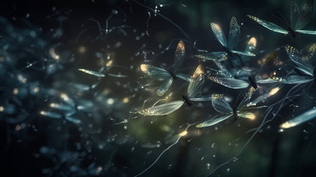 Abstract and magical image of dragonfly and Firefly flying in the night forest. Fairy tale conceptの素材