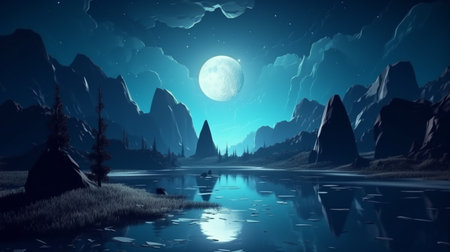 Fantasy landscape with mountains, lake and forest at night. Vector illustrationの素材