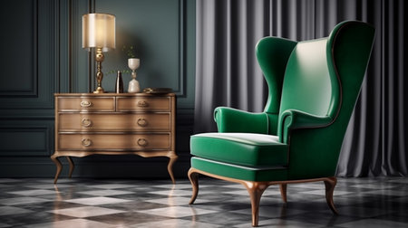 classic interior in dark green colors. vintage velvet sofa near emerald wall. generative aiの素材