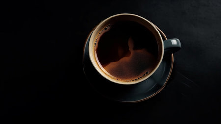 coffee cup with smoke isolated on dark background. Coffee cup and coffee beans on tableの素材