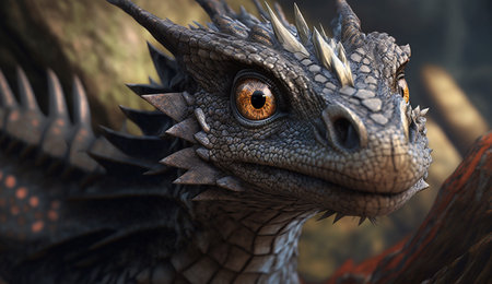 3D Cute Baby Black Dragon look at the camera. High quality 3D render of cute black dragonの素材