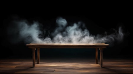 empty wooden table with smoke float up on dark backgroundの素材