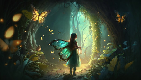 sweet forest angel. image of dreamy spirit with butterfly wings. attractive fairyの素材