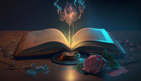 Fantasy magic dark background with a magic rose and an old bookの素材