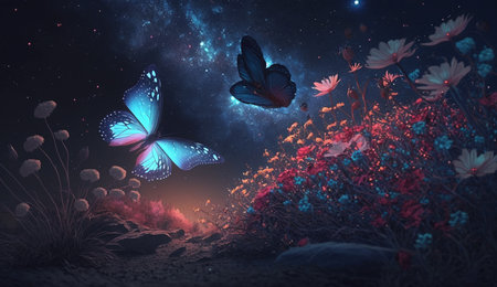 3D illustration rendering of forest with butterfly image illuminated at nightの素材