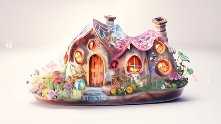 Fairy flower bud house or dwelling of elf enchantress. Fantasy fairytale house on green leavesの素材