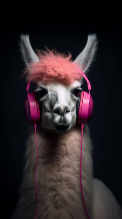 Funny poster. Portrait of Llama with a headphones. No drama lettering quoteの素材
