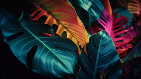 Tropical trees arranged in full background Or full wall There are leaves in different sizesの素材