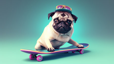 The pug dog playing skateboard with sunglassesの素材