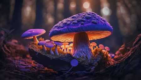 Magic forest. Glowing purple mushroom lamps with fireflies in magical forestの素材