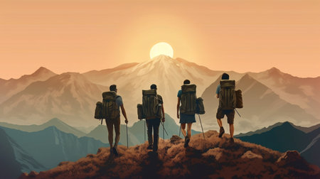 Group of four hikers with backpacks walks in mountains at sunsetの素材