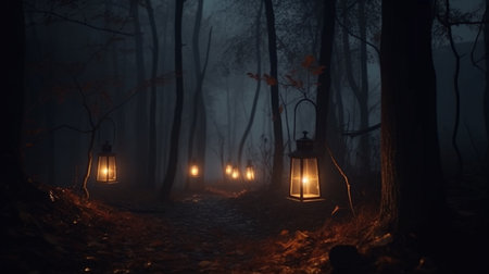 Halloween Background with Lanterns in Dark Forest in Spooky Night. Halloween Design in Magical Forestの素材