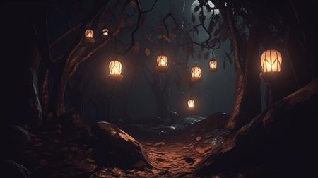 Halloween Background with Lanterns in Dark Forest in Spooky Night. Halloween Design in Magical Forestの素材