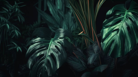 Tropical vintage botanical landscape palm tree border background. Exotic green jungle backgroundの素材