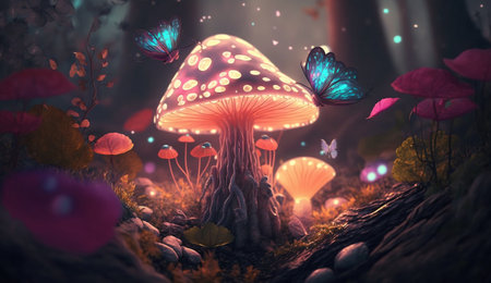 Fantasy Magical Mushrooms and Butterfly in enchanted Fairy Tale dreamy elf Forestの素材