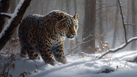 Portrait of Amur leopard. a lone Amur leopard trudging through the deep snow. Generative AIの素材